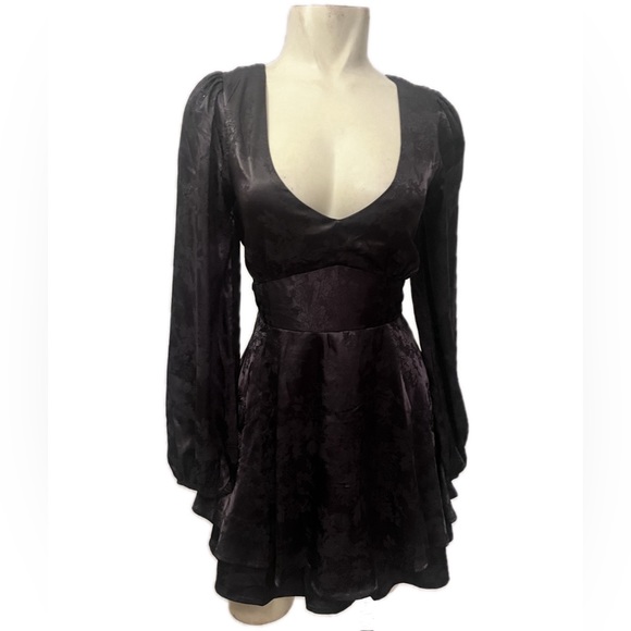 SOLD - Allison & Kelly Gothic Black Brocade Silky Backless Ruffle Mini Dress - Picture 2 of 8
